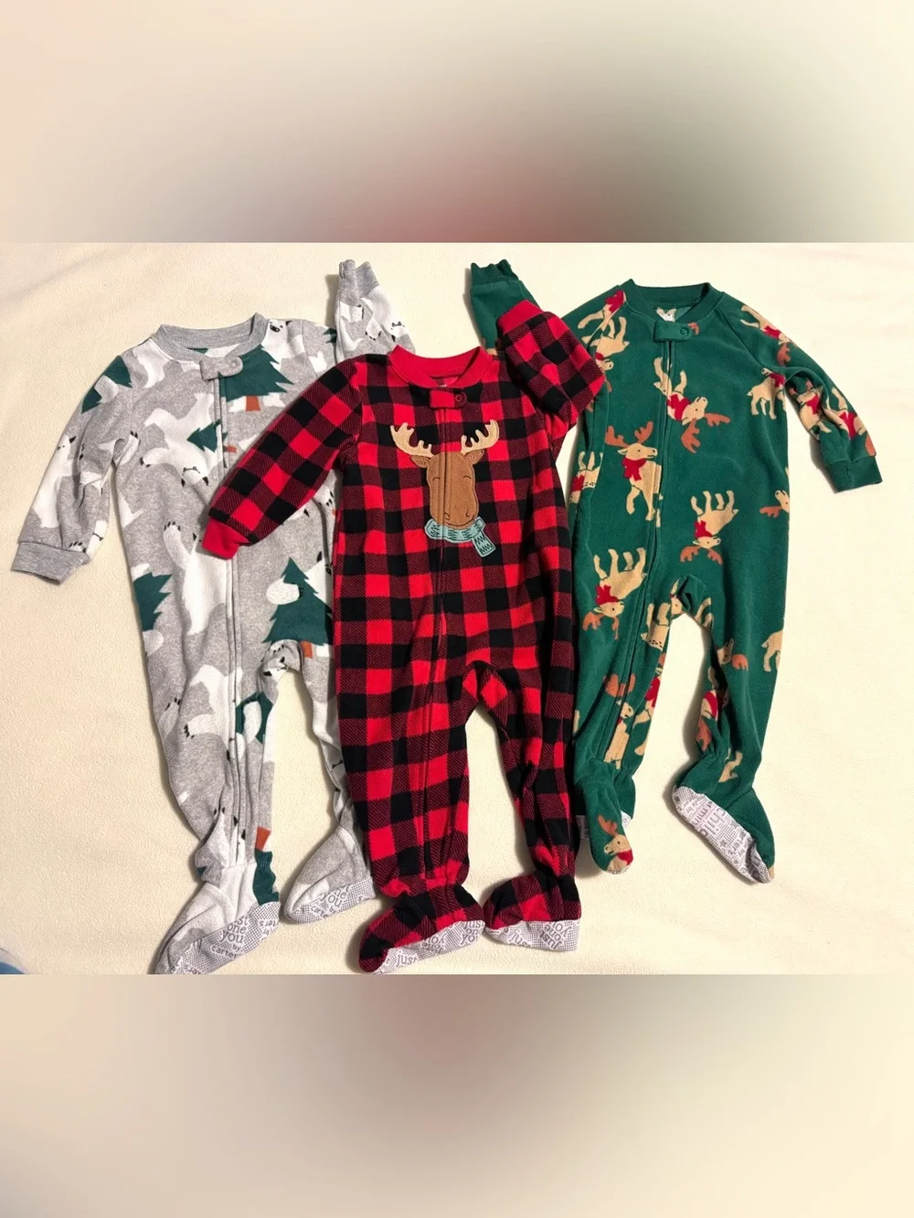Carter’s 12M Fleece Footed PJs Winter Set of 3 Buffalo Plaid Moose Bear Winter
